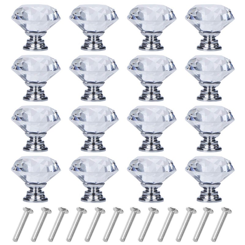 YourGift 16 Pack Drawer Knobs Diamond Shaped Crystal Glass 30mm Cabinet Knobs Pull Handles (Silver) - Image 1